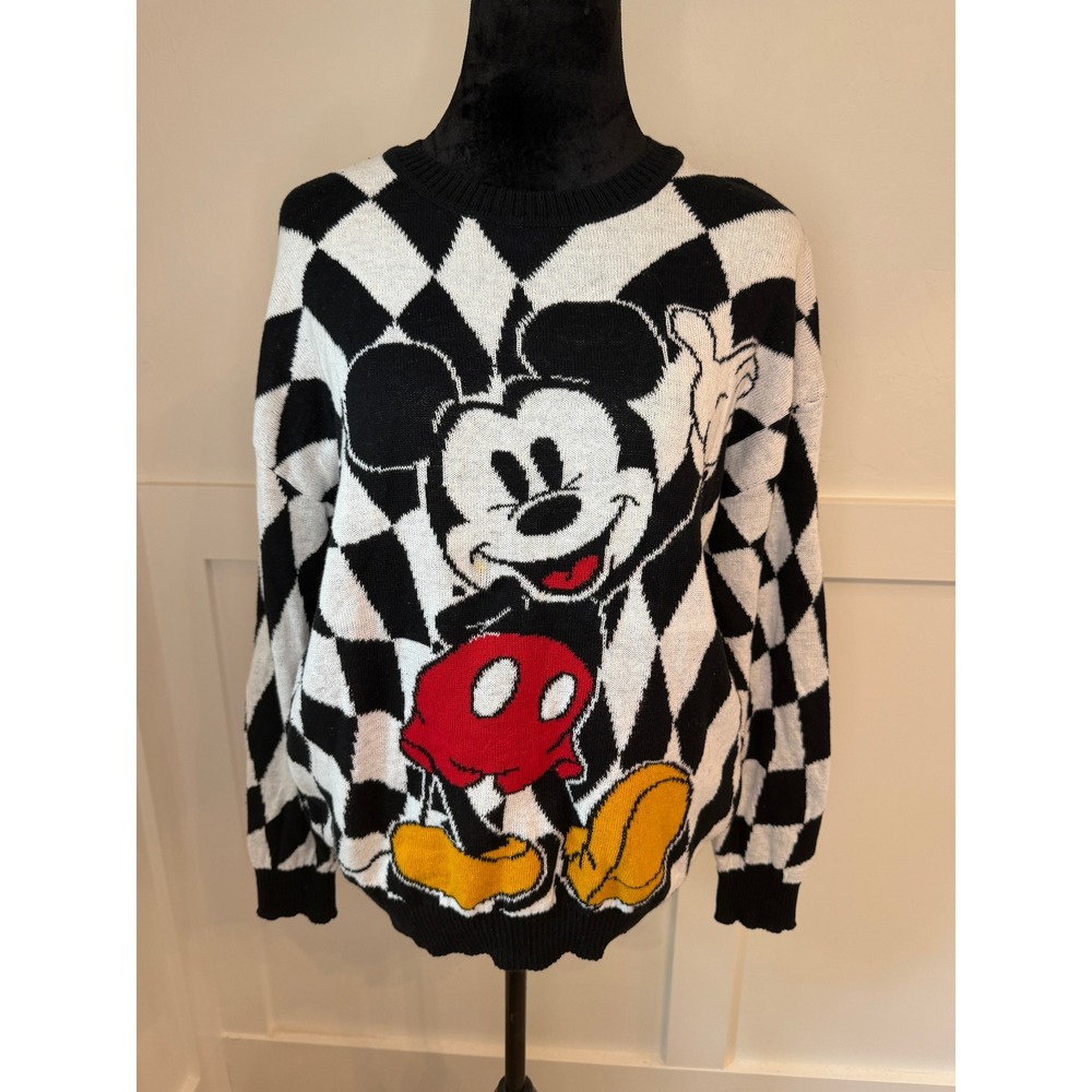 Vintage Style Mickey Mouse Checkerboard Sweater Disney Graphic Pullover L